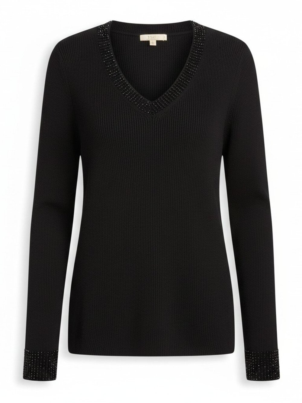 Chico's Heavy Black Ribbed Knit Cotton Blend Rhinestone V-Neck Sweater Small